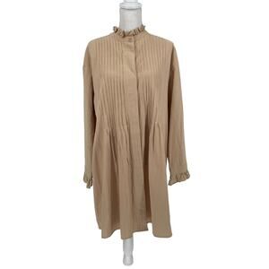NWOT Mazik Tan Button Front Pleated Ruffled Shirt Dress Large
